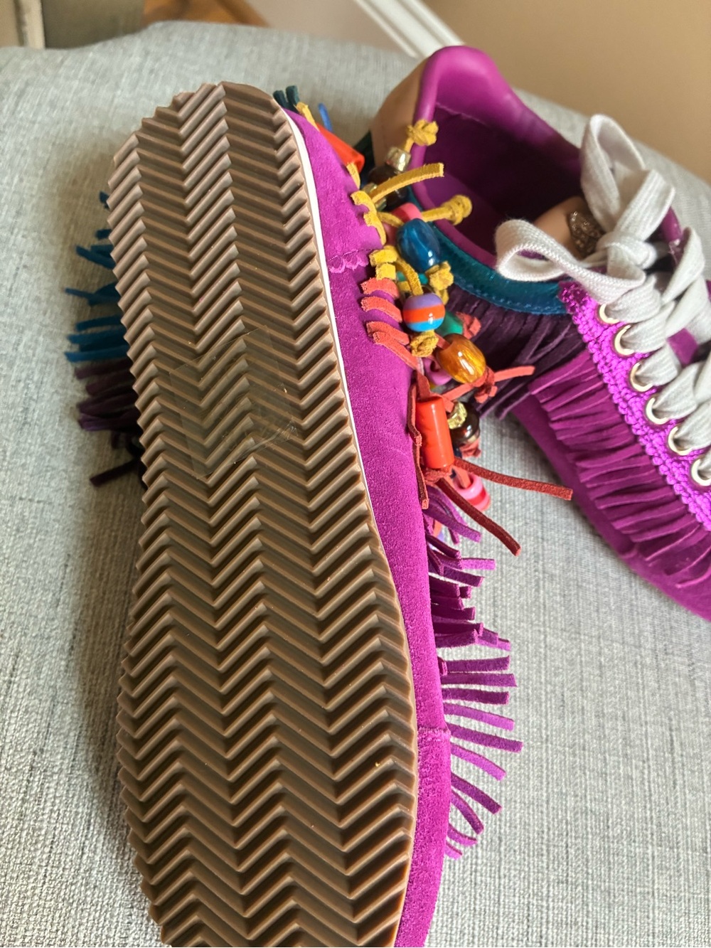 Kurt Geiger size 36 Women's Magenta Fringe Sneaker with Colorful Bead Accents - Picture 2 of 5